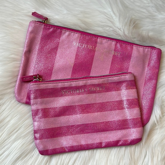 Set of 2 Victoria's Secret Striped Shimmer Makeup Toiletry Bags - Picture 1 of 8